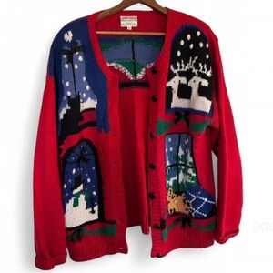 Susan Bristol Vintage 90s Red and Knit Christmas Cardigan